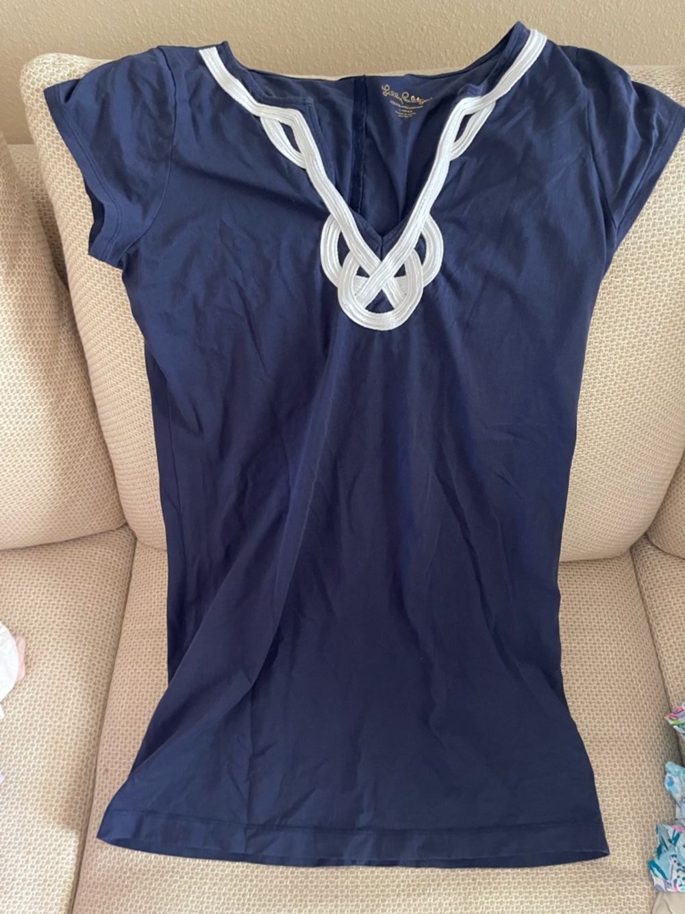 Lilly Pulitzer Navy Short Sleeve Tee with White Braided V-Neck